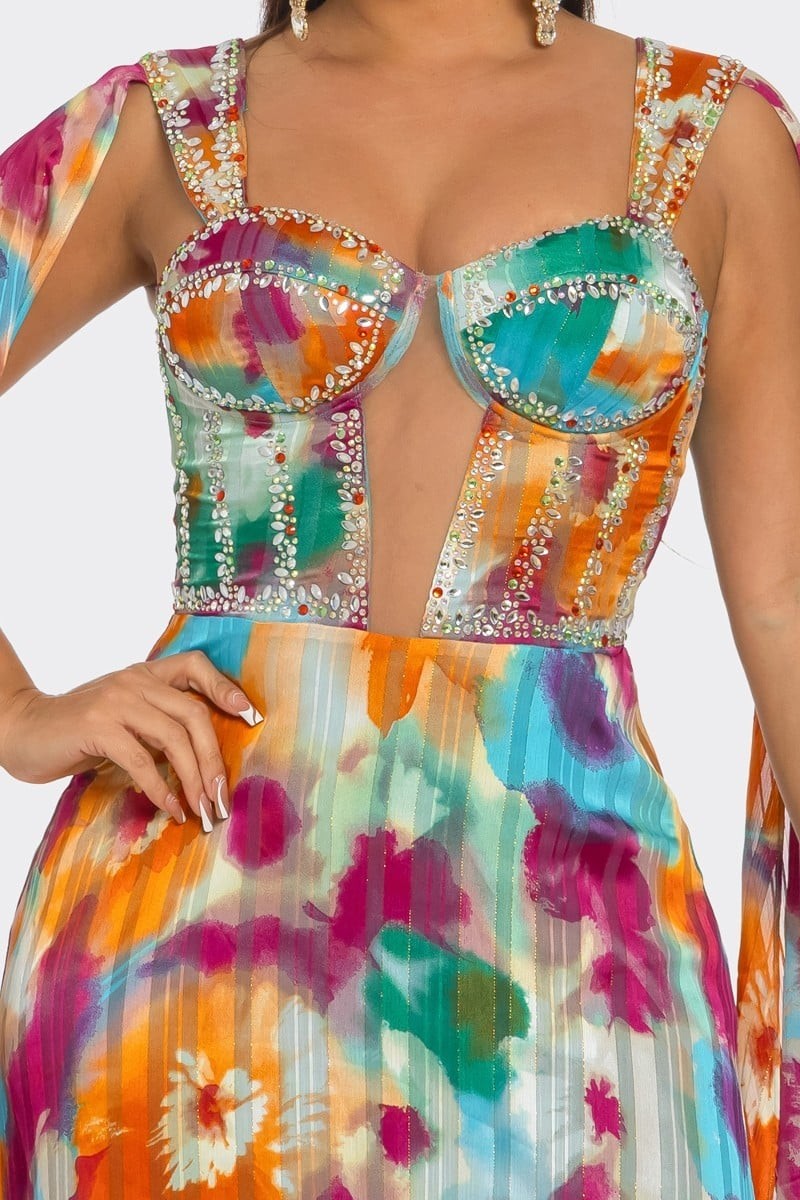 Floral Print Cape Maxi Dress