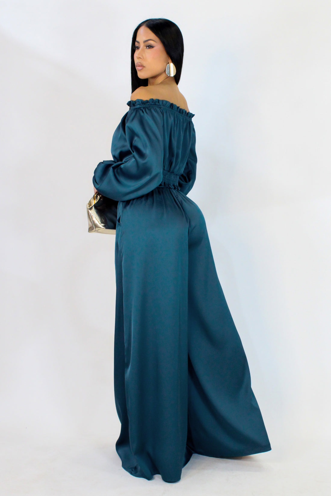 Solid Satin Off Shoulder Lsv Top W/Palazzo Pants Set-Blue