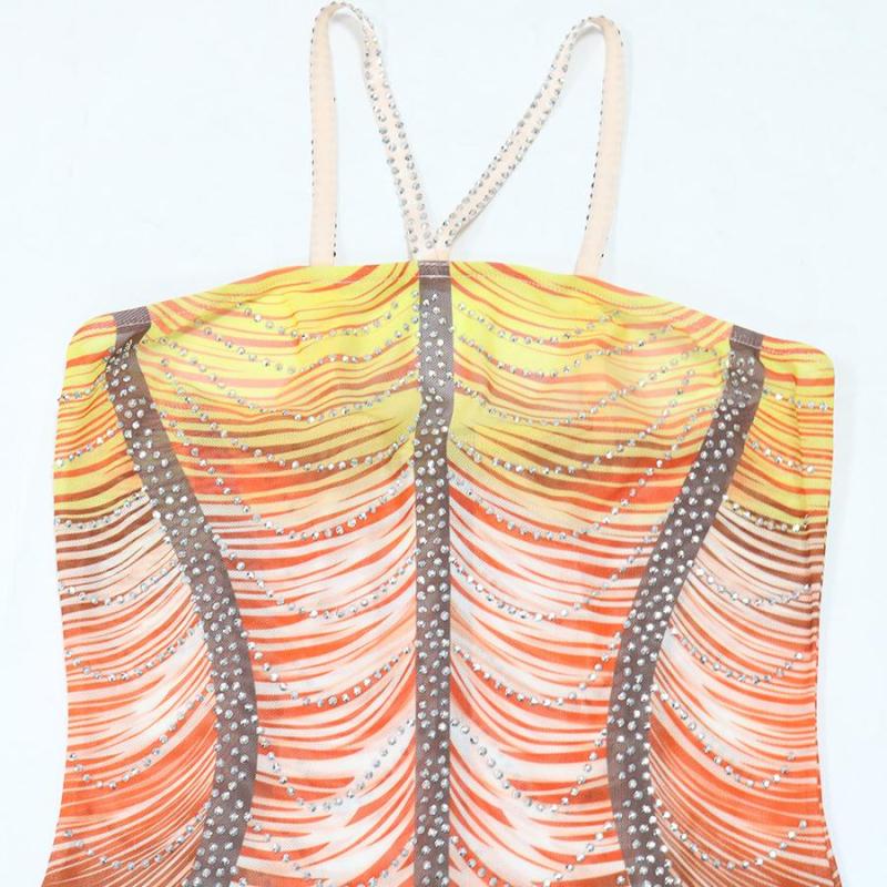 Rhinestone Embellished Rainbow Semi Sheer Dress