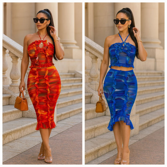 Tropical Waters Print Mesh Ruffle Halter Skirt Set