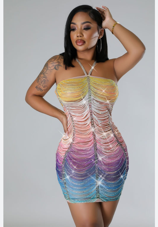 Rhinestone Embellished Rainbow Semi Sheer Dress