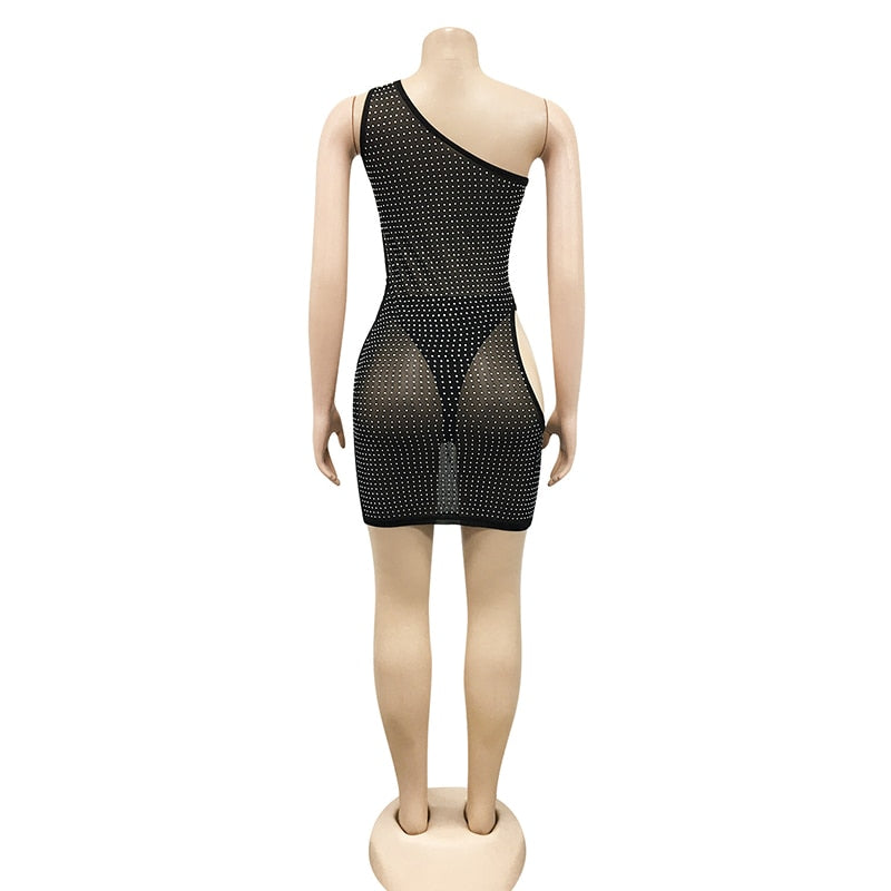 Rhinestone Studded Mini Dress With Thong