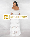 Off White Ruffled Tiered Maxi Dress With Gold Belt