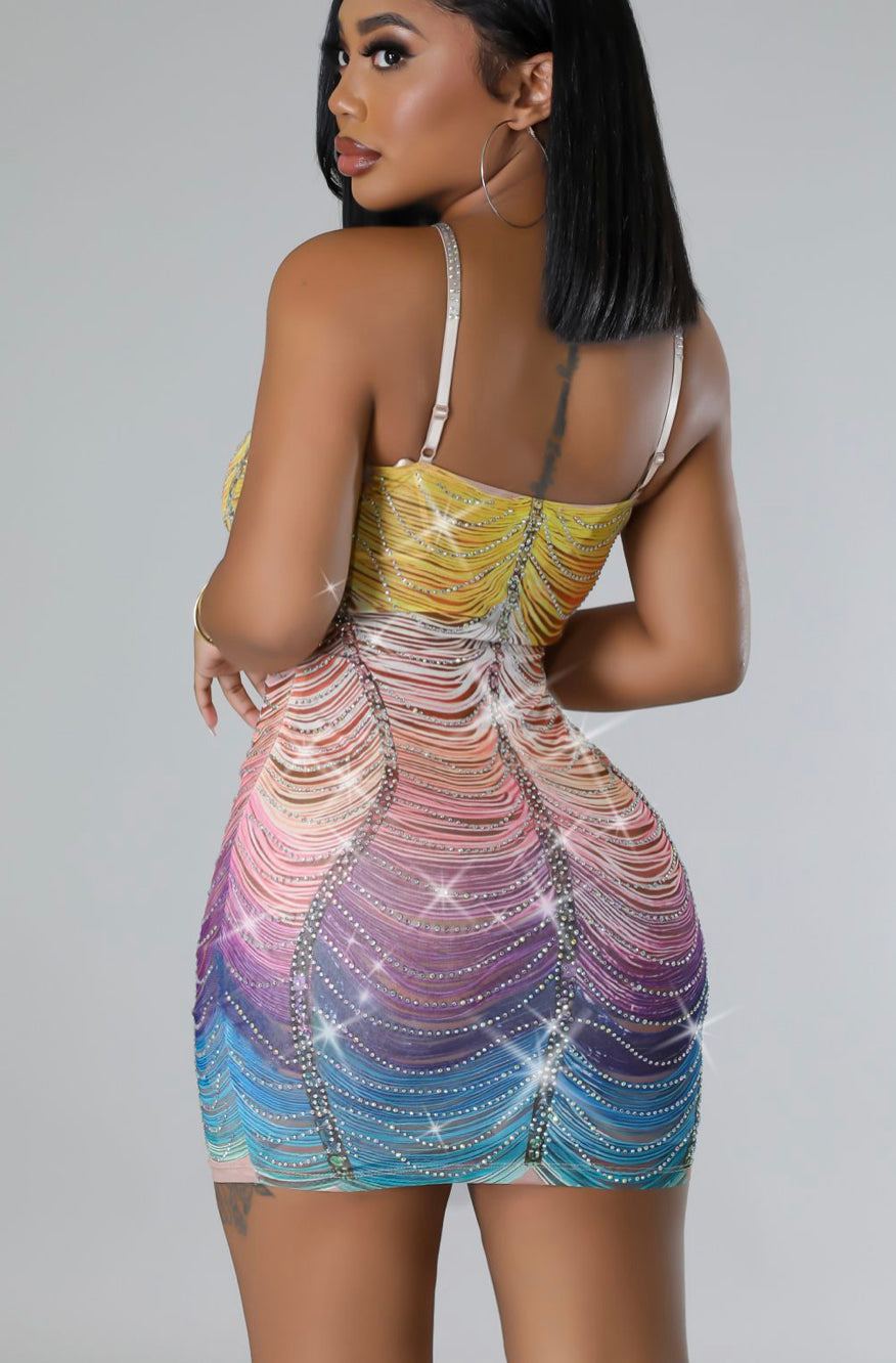 Rhinestone Embellished Rainbow Semi Sheer Dress