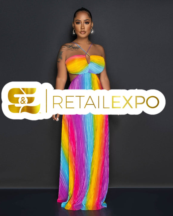 Rainbow Ribbed Cut-Out Halter Maxi Dress