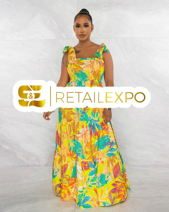 Floral Print Smocked Ruffle Maxi Dress