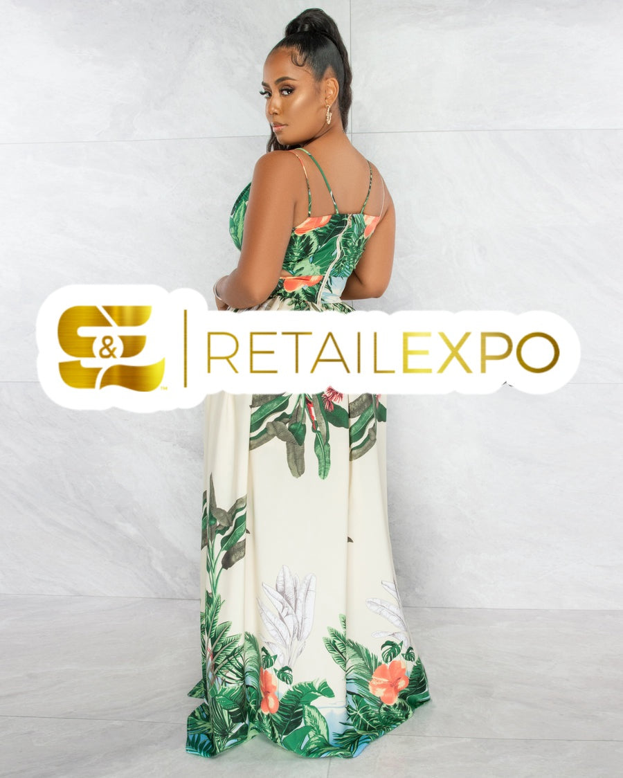 Ivory Green Leaf Print Cut-Out Maxi Dress