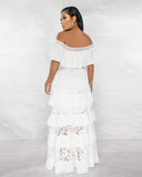 Off White Ruffled Tiered Maxi Dress With Gold Belt