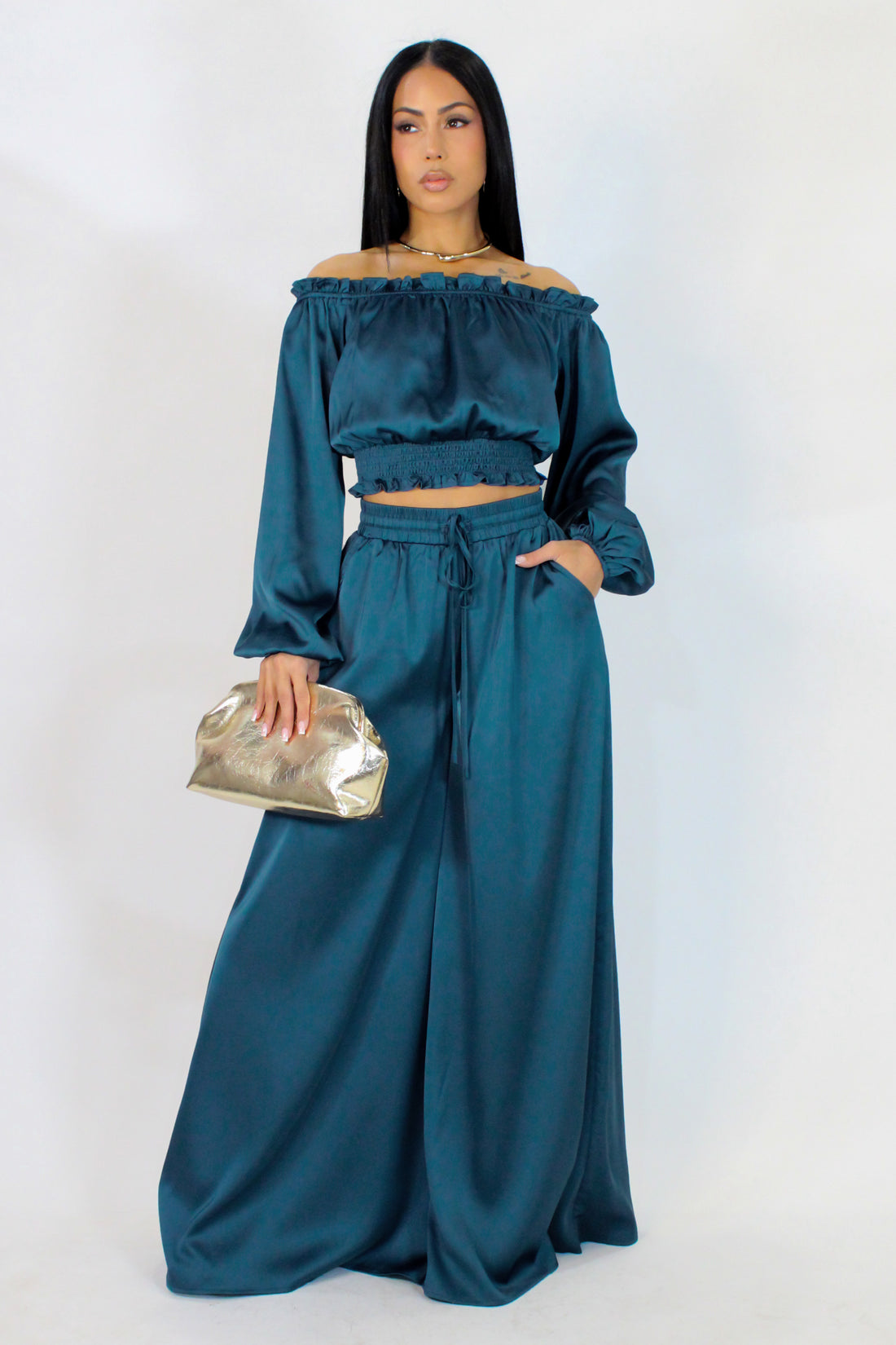 Solid Satin Off Shoulder Lsv Top W/Palazzo Pants Set-Blue