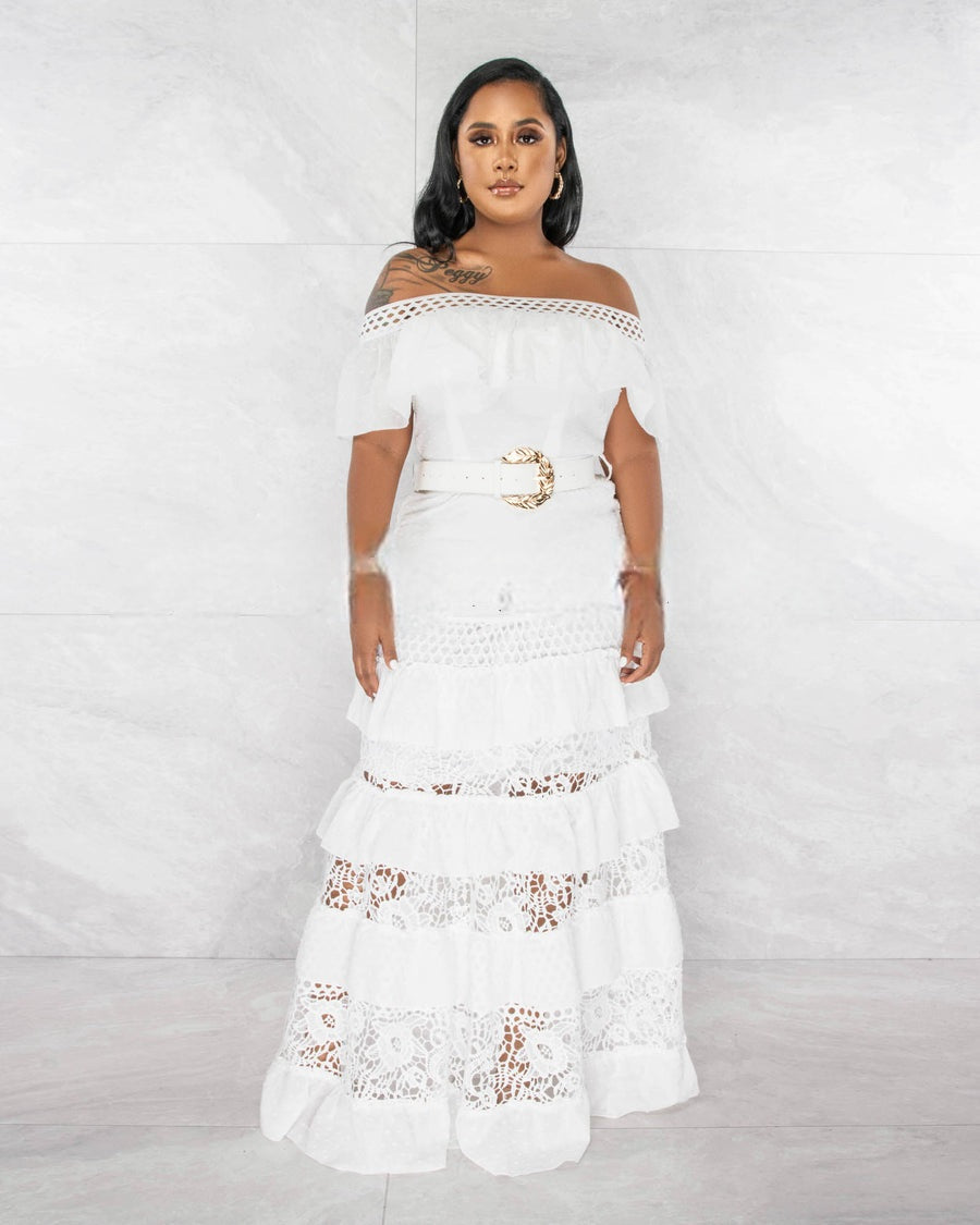 Off White Ruffled Tiered Maxi Dress With Gold Belt