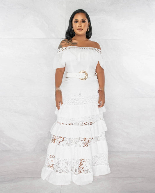 Off White Ruffled Tiered Maxi Dress With Gold Belt