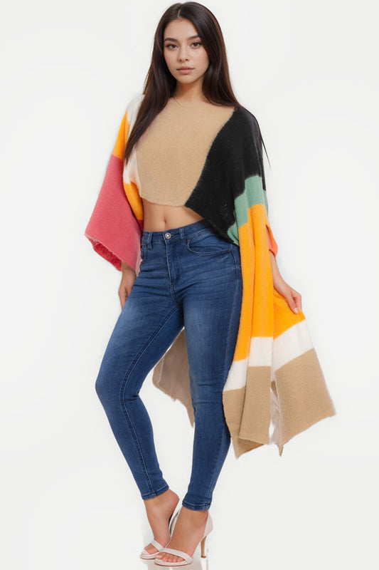 Color Block Unbalanced Sleeve Crop Sweater Top