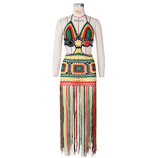 Reggae Rasta Halter Neck Fringe Crochet Coverup Swimwear Dress