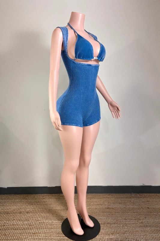 Ribbed Solid Romper- Blue
