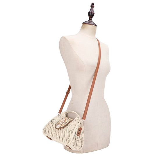 Stylish Beaded Straw Handle Satchel Bag