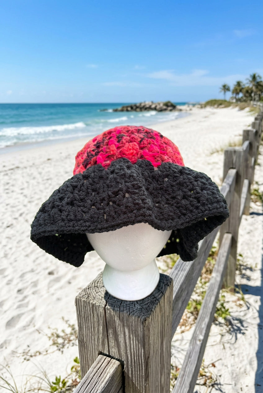 Handmade Grandma Crochet Bucket Hat- Black/Pink/Red/Burgundy
