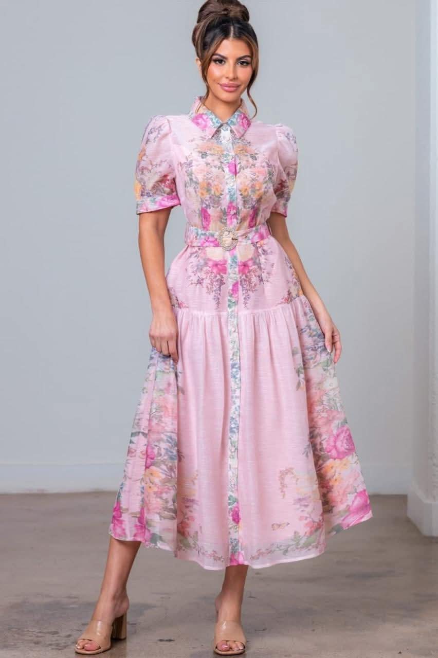 Escape With Me Belted Midi Dress- Pink