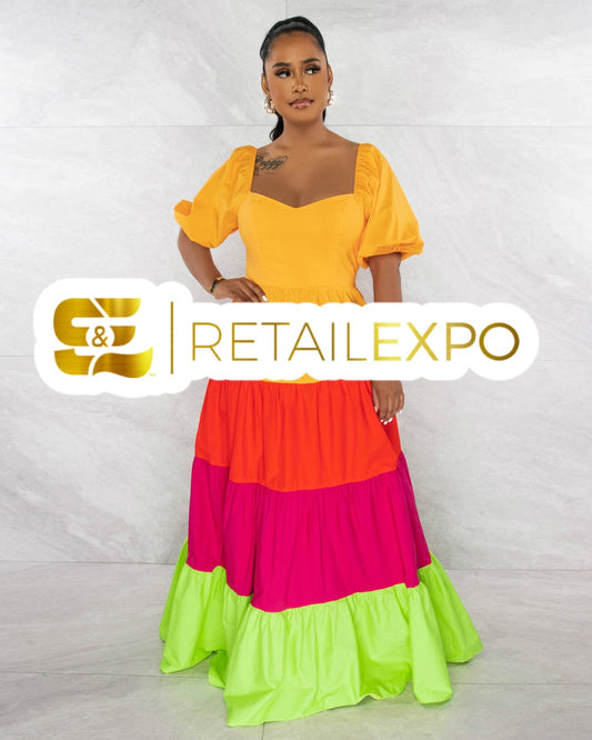 Orange Magenta Green Color Block Ruffled Tiered Maxi Dress