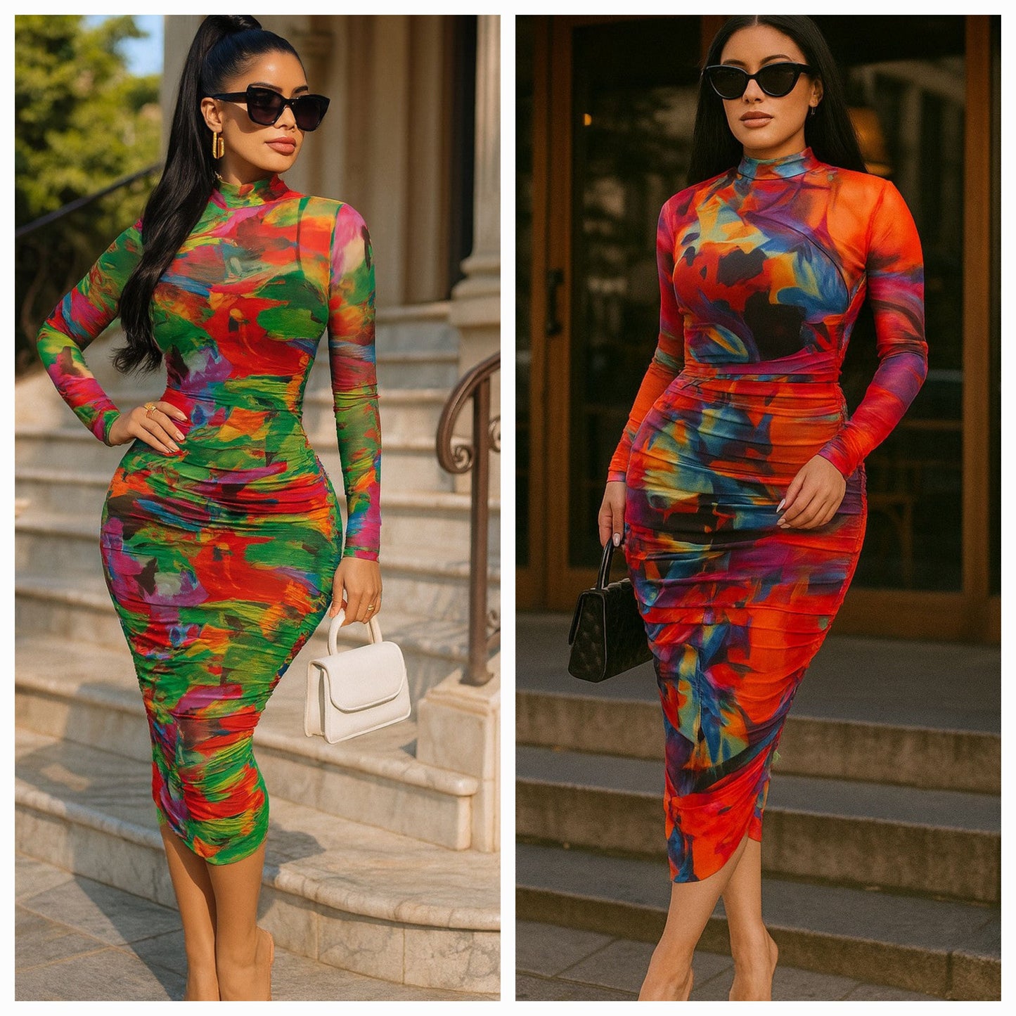 Kaleidoscope Print Mesh Ruched Midi Dress