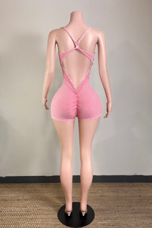 Open Back Ribbed Solid Romper- Pink
