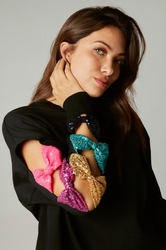 French Terry Sequin Multicolor Bow Sweatshirt- Black