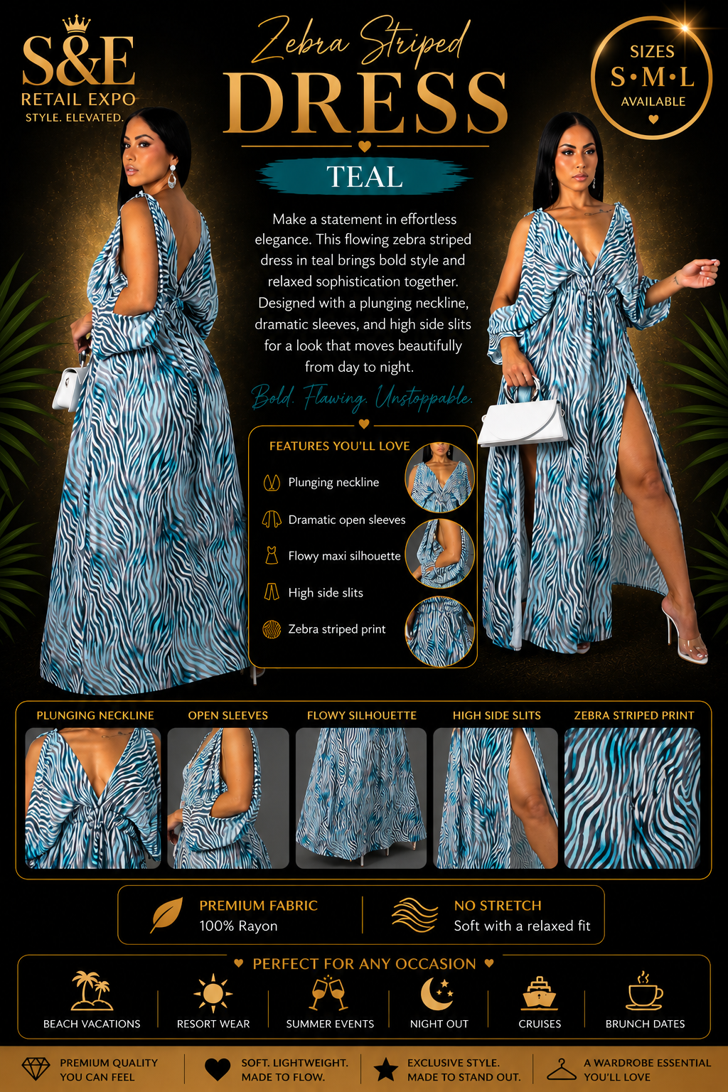Vestido com Estampa de Zebra na cor Azul-petróleo