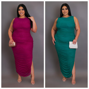 Plus Size Rhinestone Ruched Midi Dress