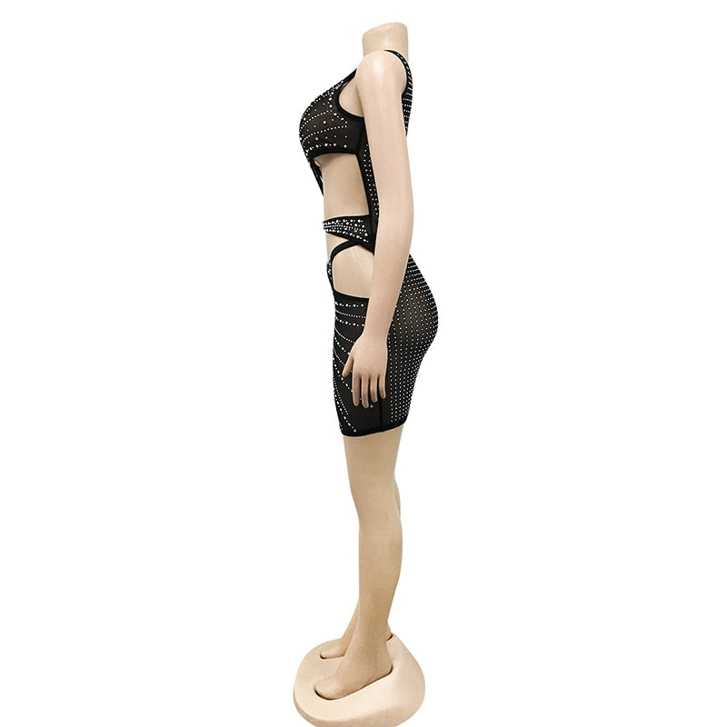 Rhinestone Studded Mini Dress With Thong