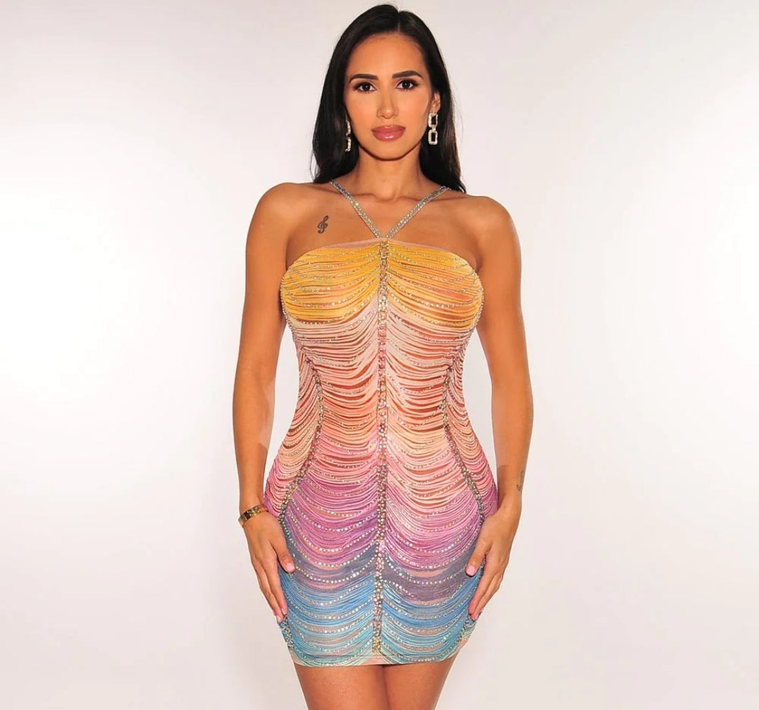 Rhinestone Embellished Rainbow Semi Sheer Dress