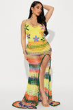 3D Flower Bloom Crochet High Slit Maxi Dress