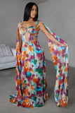 Floral Print Cape Maxi Dress