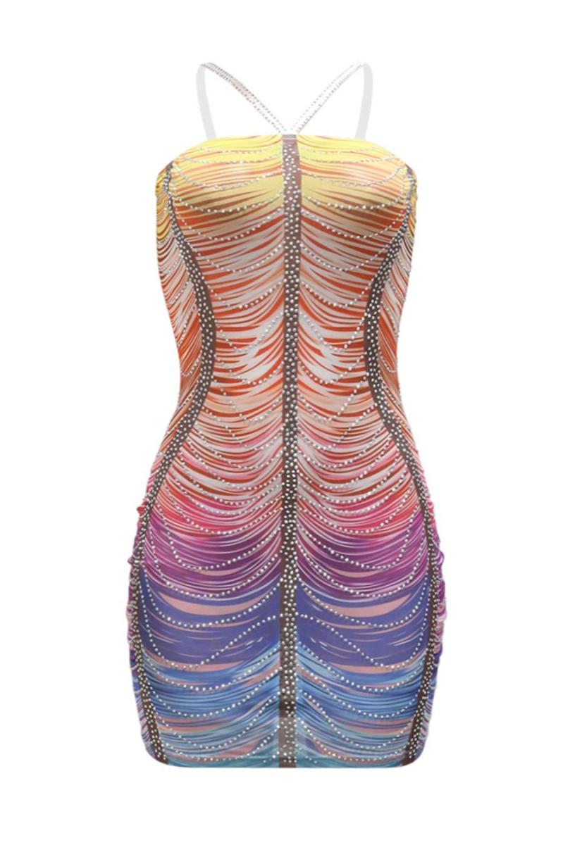 Rhinestone Embellished Rainbow Semi Sheer Dress