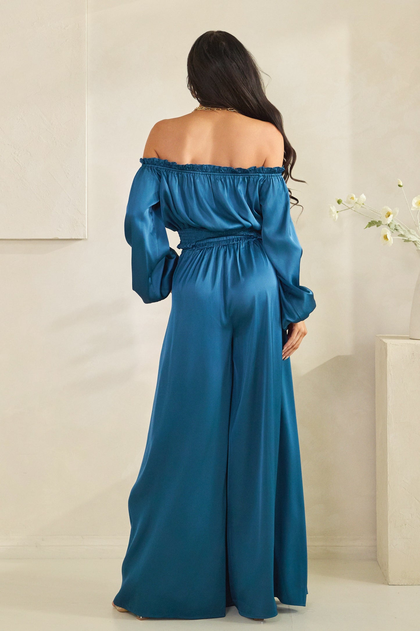 Solid Satin Off Shoulder Lsv Top W/Palazzo Pants Set-Blue
