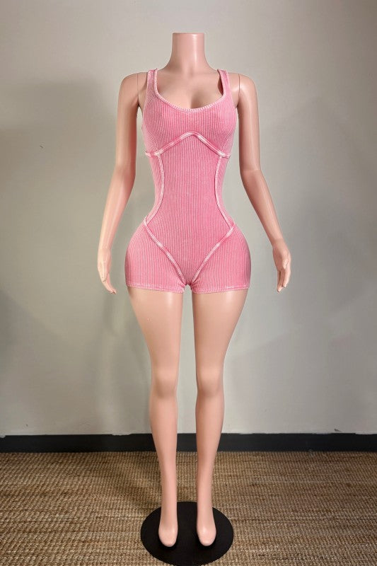 Open Back Ribbed Solid Romper- Pink