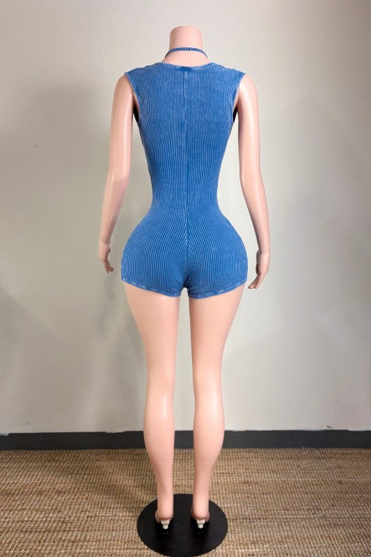 Ribbed Solid Romper- Blue