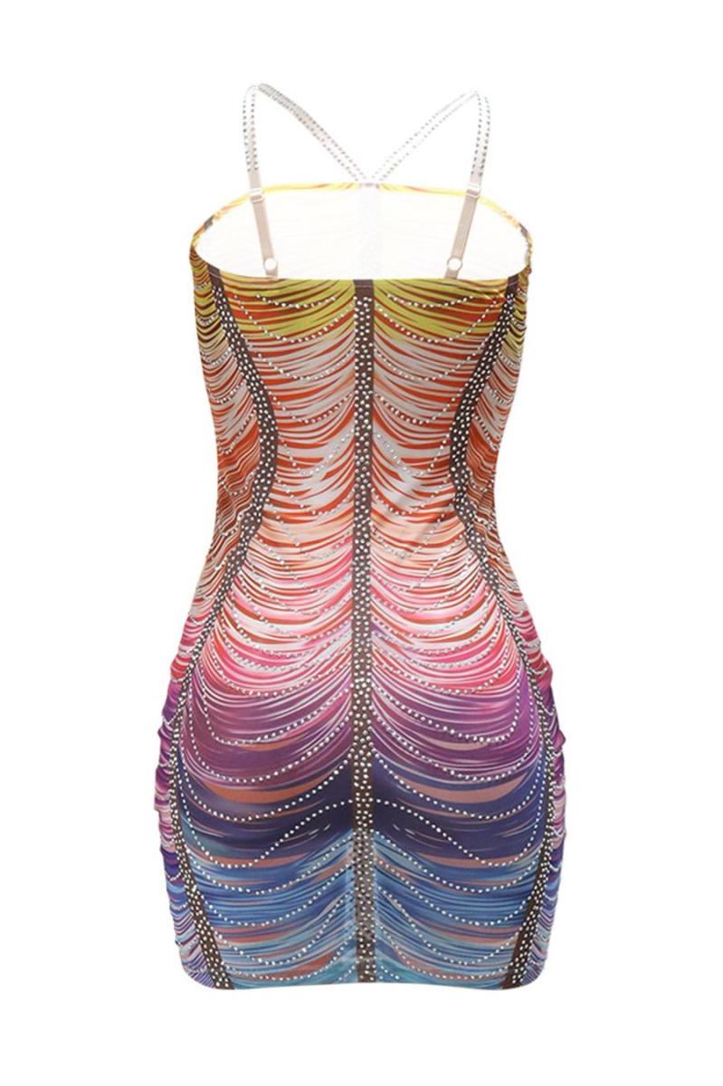 Rhinestone Embellished Rainbow Semi Sheer Dress
