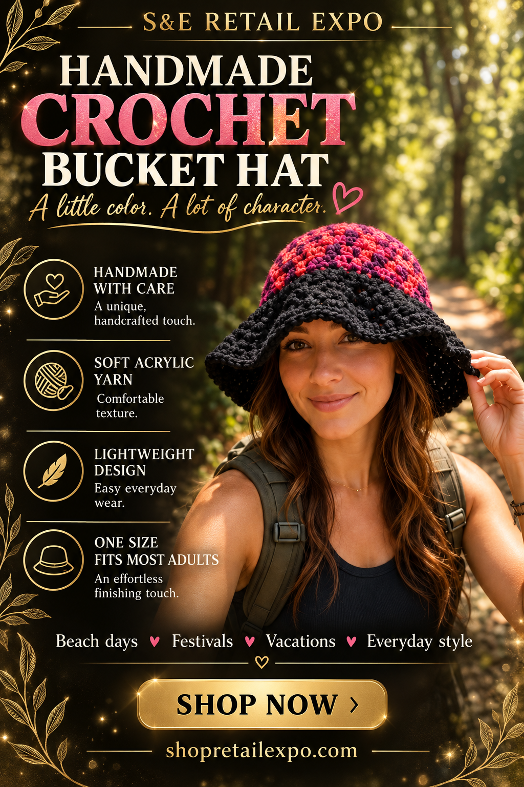 Handmade Grandma Crochet Bucket Hat- Black/Pink/Red/Burgundy