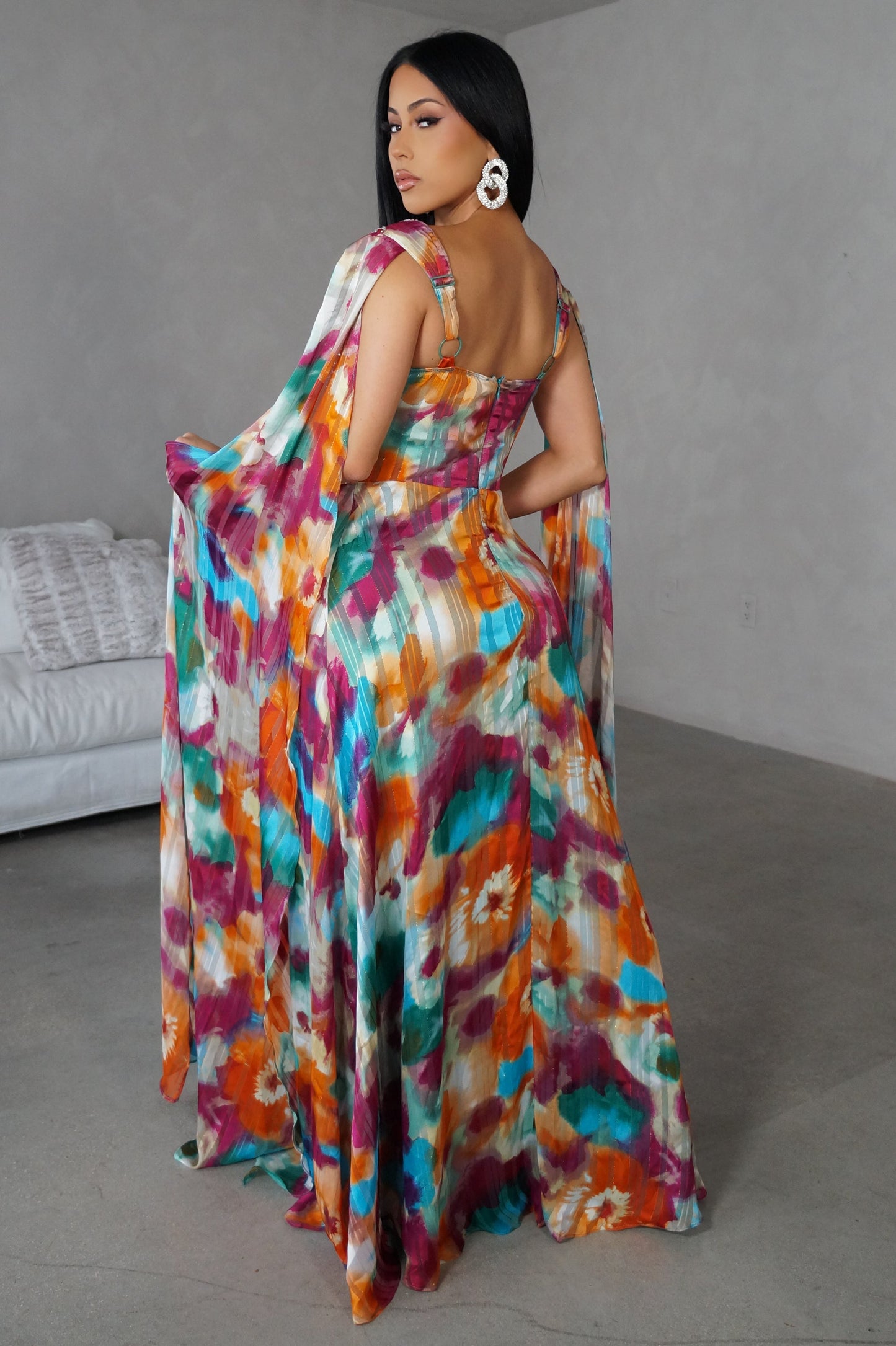 Floral Print Cape Maxi Dress