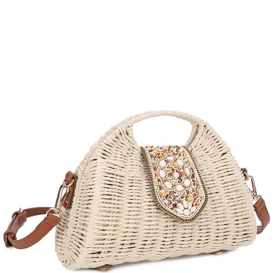 Stylish Beaded Straw Handle Satchel Bag