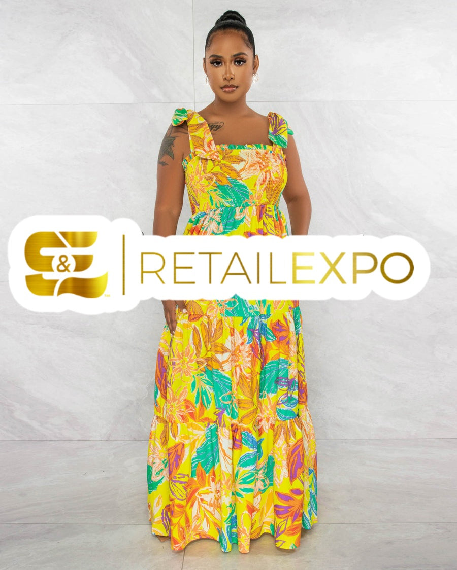 Floral Print Smocked Ruffle Maxi Dress