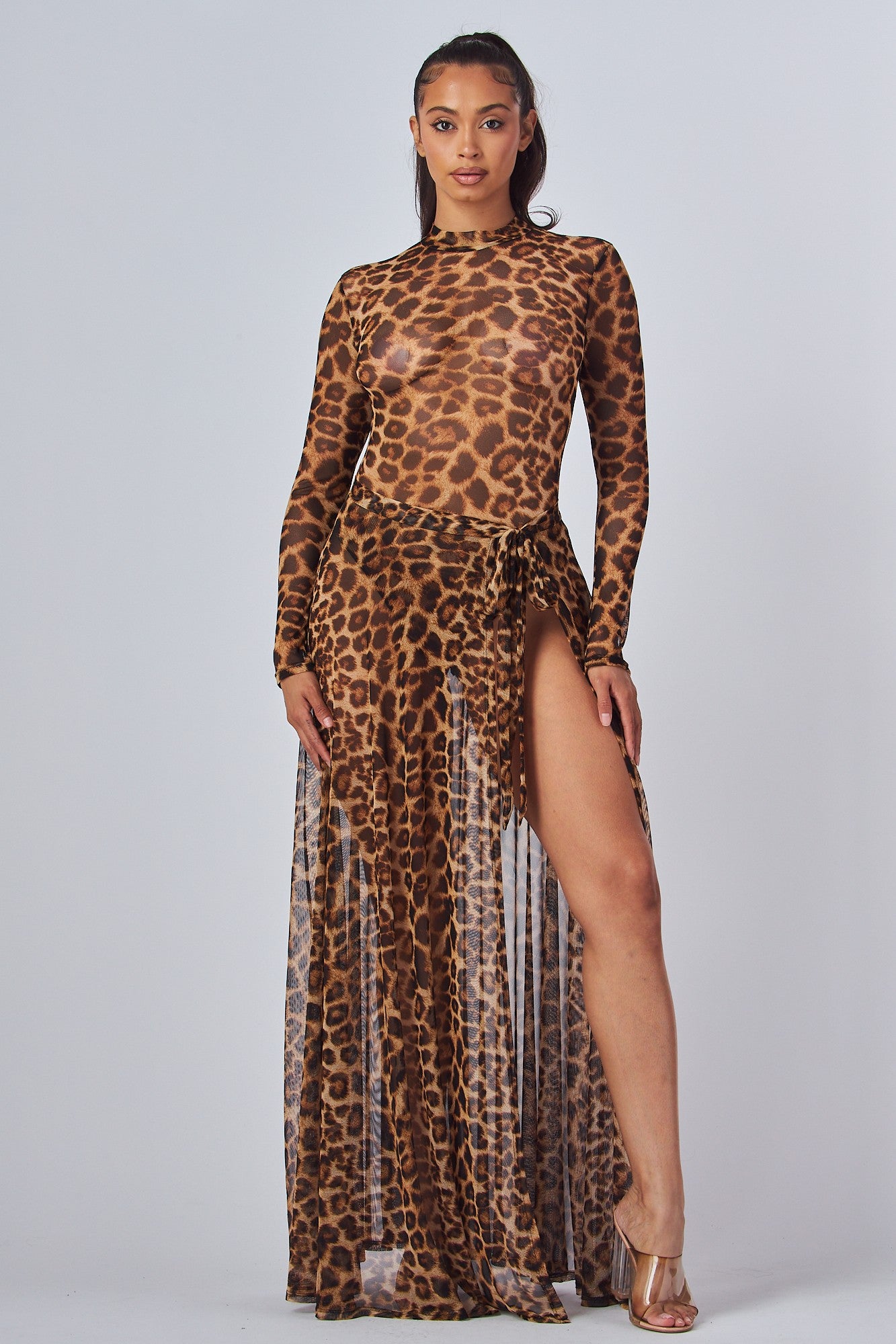Daredevil Leopard Print Illusion See-Thru Skirt & Bodysuit Top Set/ Swimwear Set