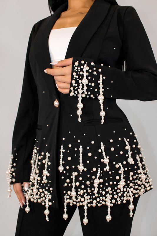 (Copy) Pearl Embellished Blazer- Black