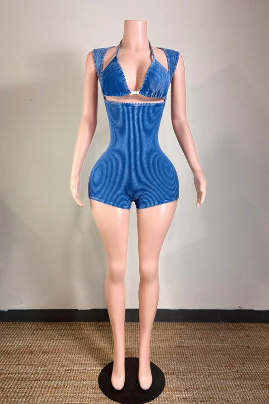 Ribbed Solid Romper- Blue