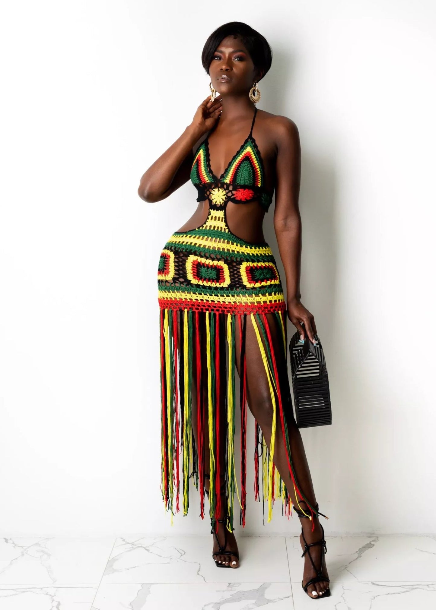 Reggae Rasta Halter Neck Fringe Crochet Coverup Swimwear Dress