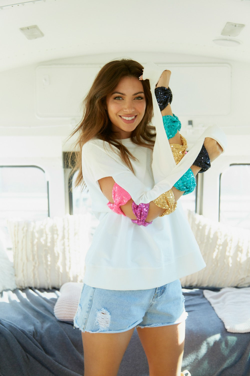 French Terry Sequin Multicolor Bow Sweatshirt- Off White