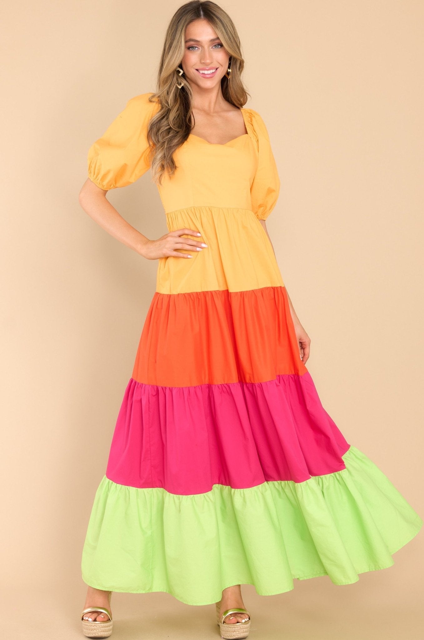 Orange Magenta Green Color Block Ruffled Tiered Maxi Dress