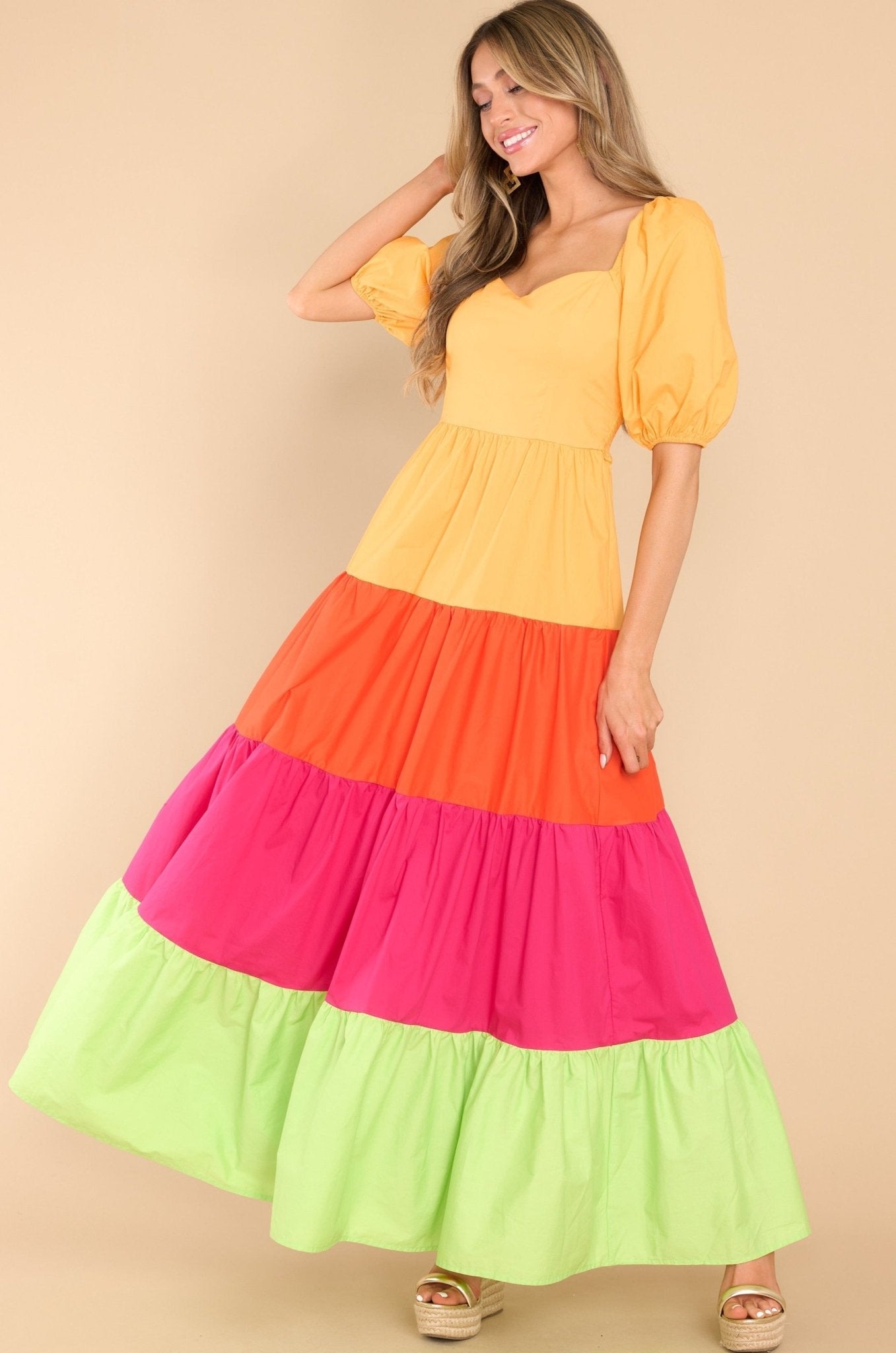 Orange Magenta Green Color Block Ruffled Tiered Maxi Dress
