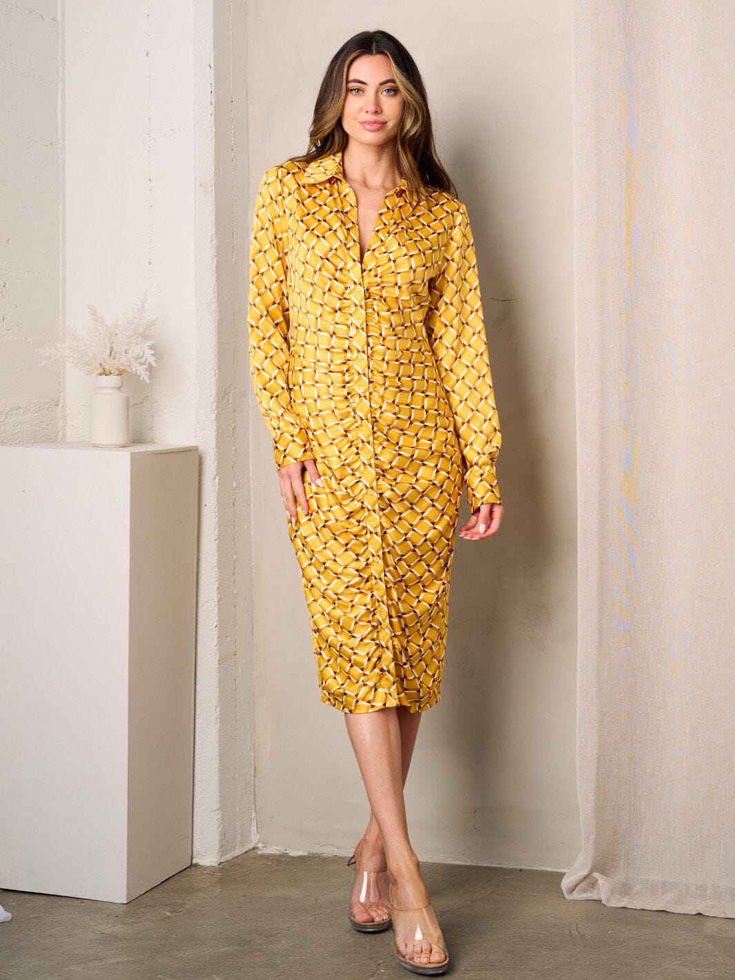 Women's Long Sleeve Button Up Front Ruched Midi Dress- Yellow/Multi