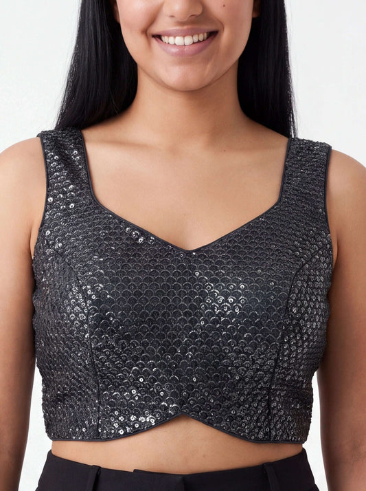 1692 - Black Sequin Saree Blouse for Women Indian Bridal Party Wear