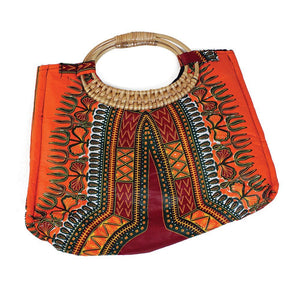 traditional print orange african wicker handle bag